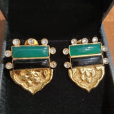 Gold Finish Art Deco Emerald & Onyx Shield Earrings in 925 Sterling silver